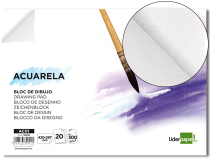 Bloc dibujo Liderpapel Acuarela encolado 297x210mm. 20 hojas 300g/m² sin recuadro